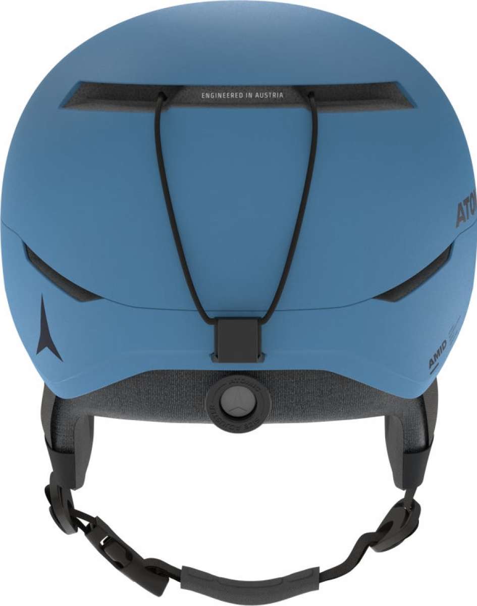Atomic Four Amid Helmet 2024 - A matte blue helmet with a black chin strap and a small logo on the left side.