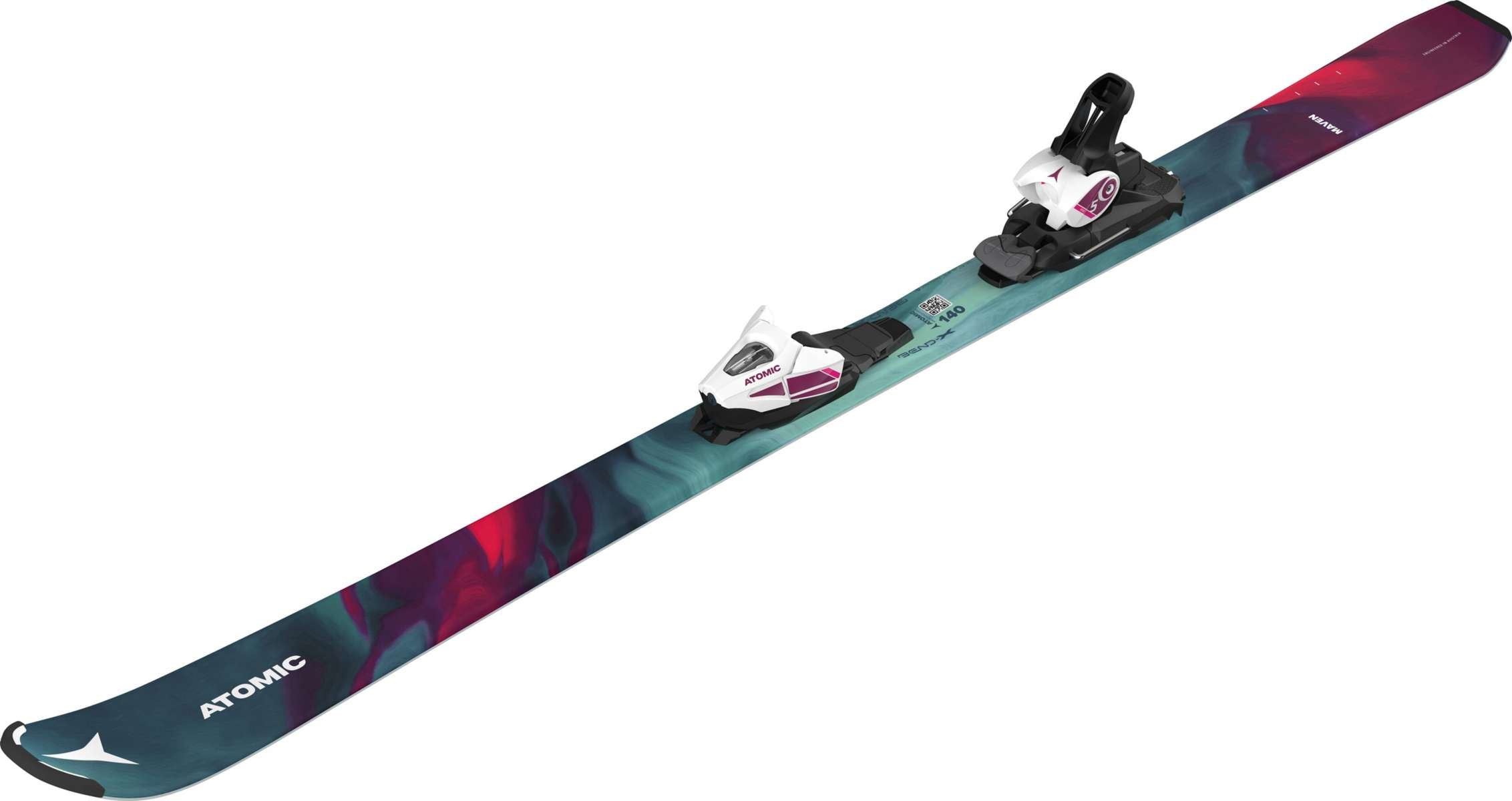 Atomic Girls Maven System Ski With C5 Ski Bindings 2022-2023 - A ski with a predominantly white base and black bindings, featuring pink accents on the bindings.