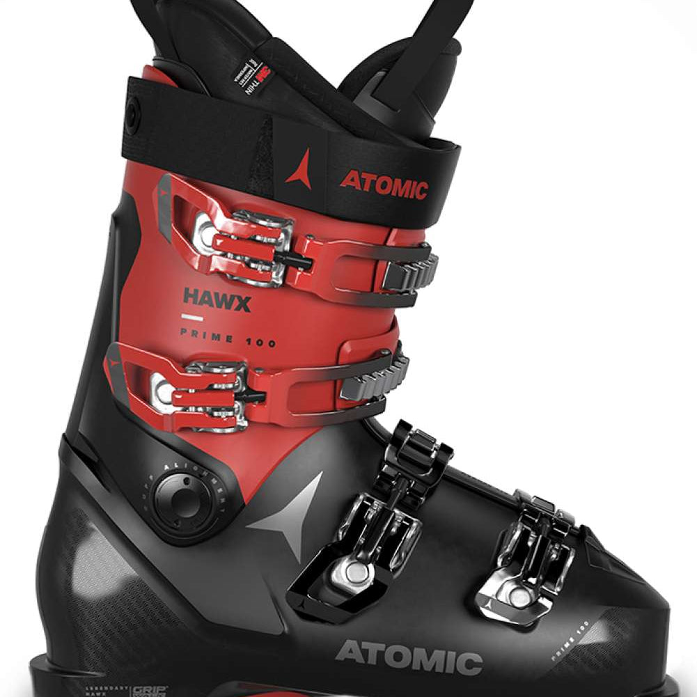 Atomic Hawx Prime 100 Ski Boot 2023 - Red ski boot with silver buckles and black straps.