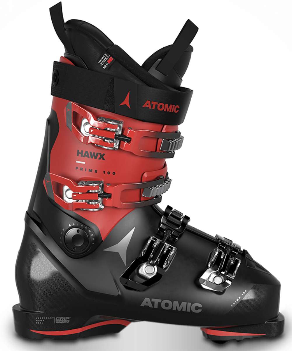 Atomic Hawx Prime 100 Ski Boot 2023 - Red ski boot with silver buckles and black straps.