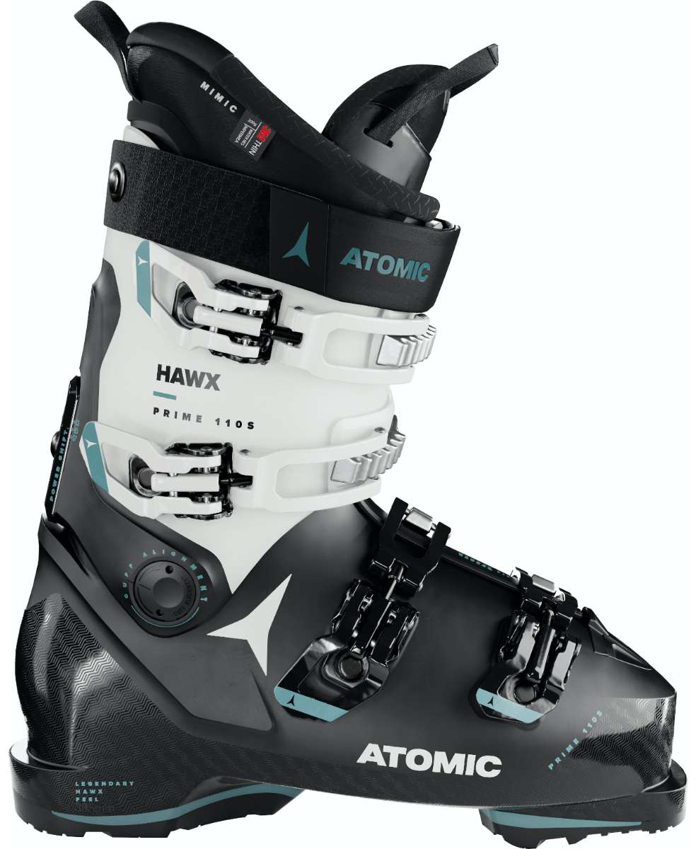 Atomic Hawx Prime 110 S - White ski boots with black accents and a blue logo on the side.