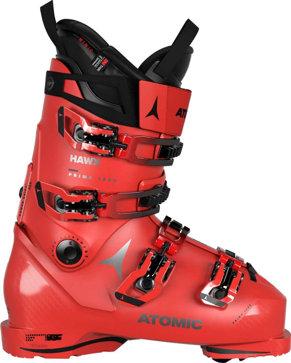 Atomic Hawx Prime 120 S Ski Boot 2023 - A red ski boot with a black strap and buckle, featuring a silver logo on the side.