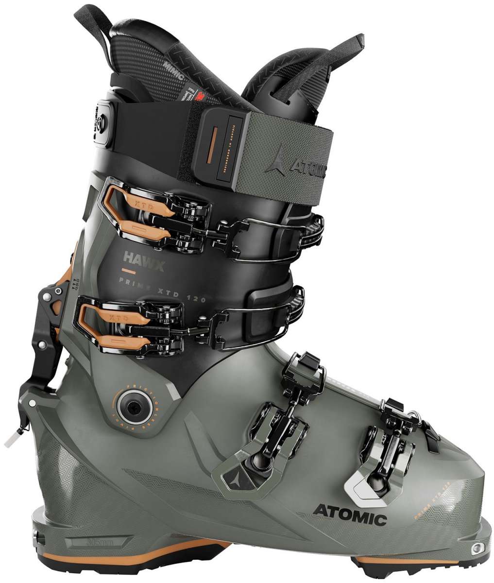 Atomic Hawx Prime XTD 120 Ski Boots 2024 - Black ski boots with tan accents and buckles, featuring a sleek design with a prominent "HAWX" logo on the side.
