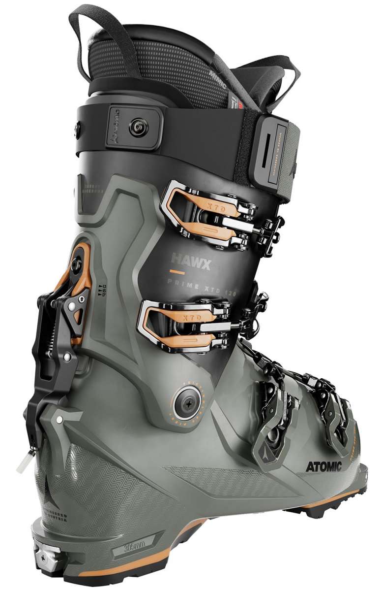 Atomic Hawx Prime XTD 120 Ski Boots 2024 - Black ski boots with silver buckles and orange accents.