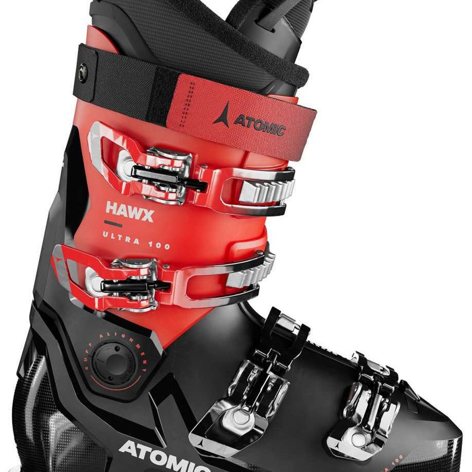 Atomic Hawx Ultra 100 Ski Boot - Red ski boot with silver buckles and straps, featuring a black toe cap.