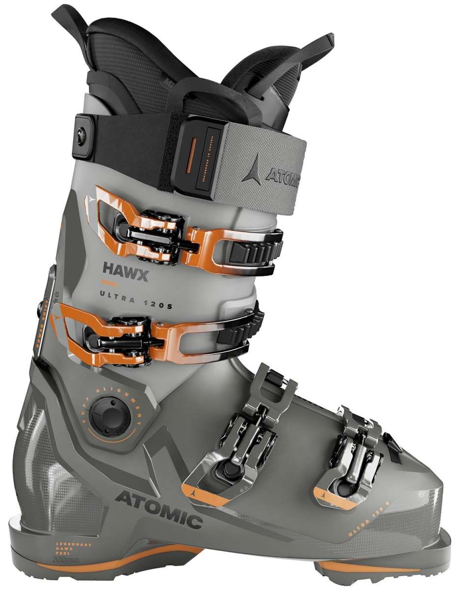 Atomic Hawx Ultra 120 S - A gray ski boot with orange accents and black buckles, featuring a sleek design.