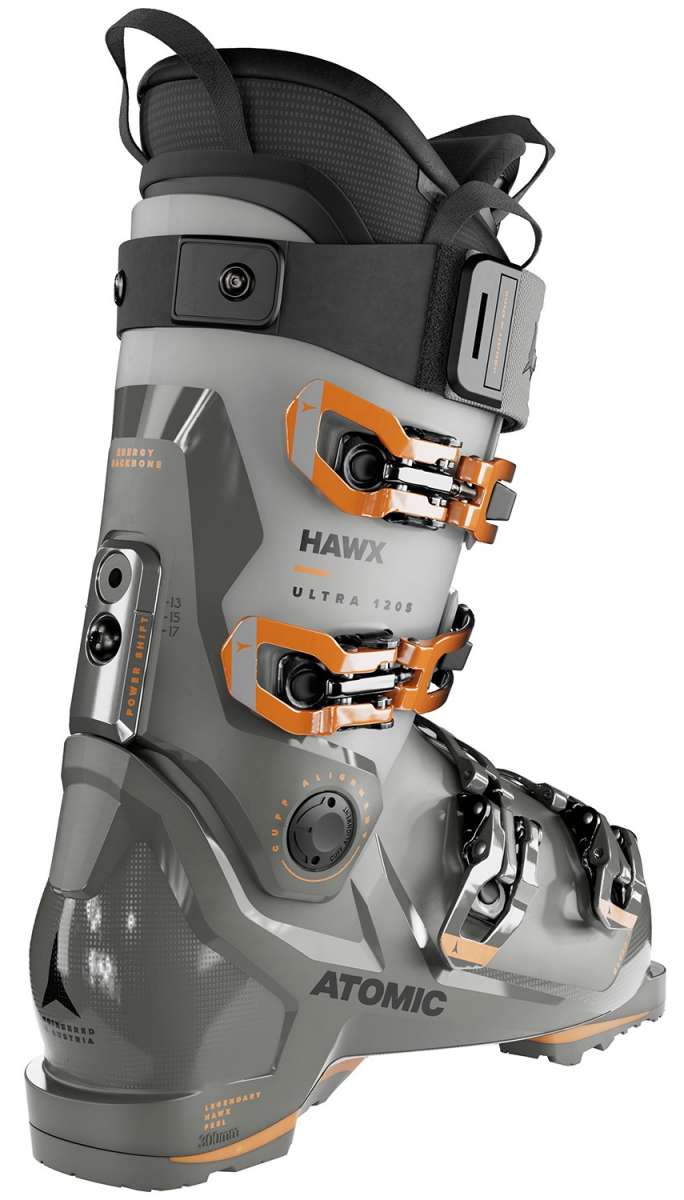 Atomic Hawx Ultra 120 S Ski Boot 2024 - A gray ski boot with orange buckles and a black strap at the top.