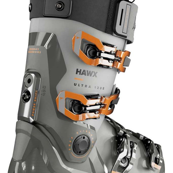 Atomic Hawx Ultra 120 S Ski Boot 2024 - A gray ski boot with orange buckles and a black strap at the top.