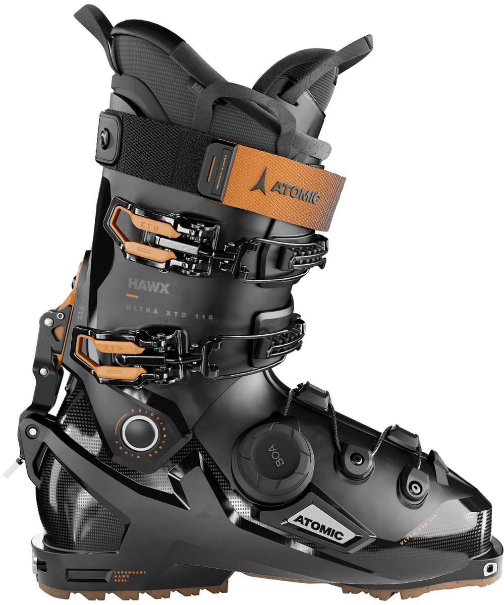 Atomic Hawx Ultra XTD 110 BOA Ski Boot 2024 - Black ski boot with orange accents and a BOA closure system on the side.
