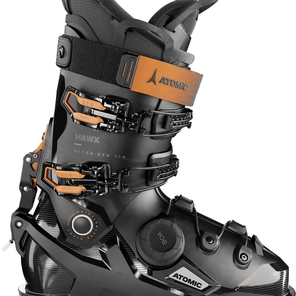 Atomic Hawx Ultra XTD 110 BOA Ski Boot 2024 - Black ski boot with orange accents and a BOA closure system on the side.