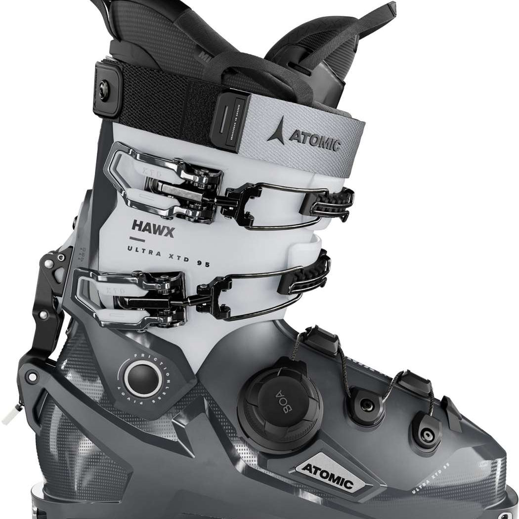 Atomic Ladies Hawx Ultra XTD 95 BOA Ski Boots 2023-2024 - A white and black ski boot with a distinctive silver buckle on the side.