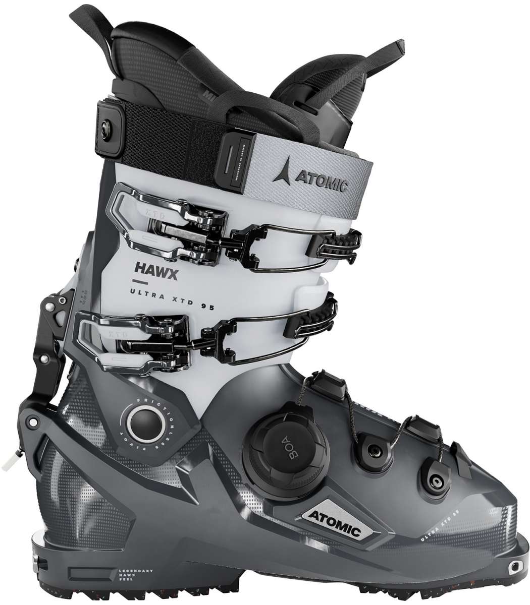 Atomic Ladies Hawx Ultra XTD 95 BOA Ski Boots 2023-2024 - A white and black ski boot with a distinctive silver buckle on the side.