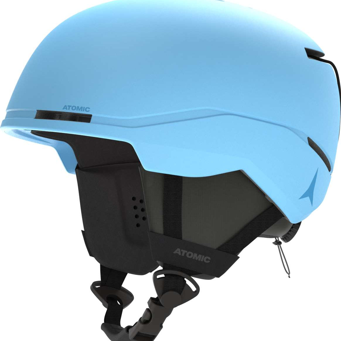 Atomic Junior's Four Helmet 2024 - A light blue helmet with a black chin strap and ventilation holes on top.