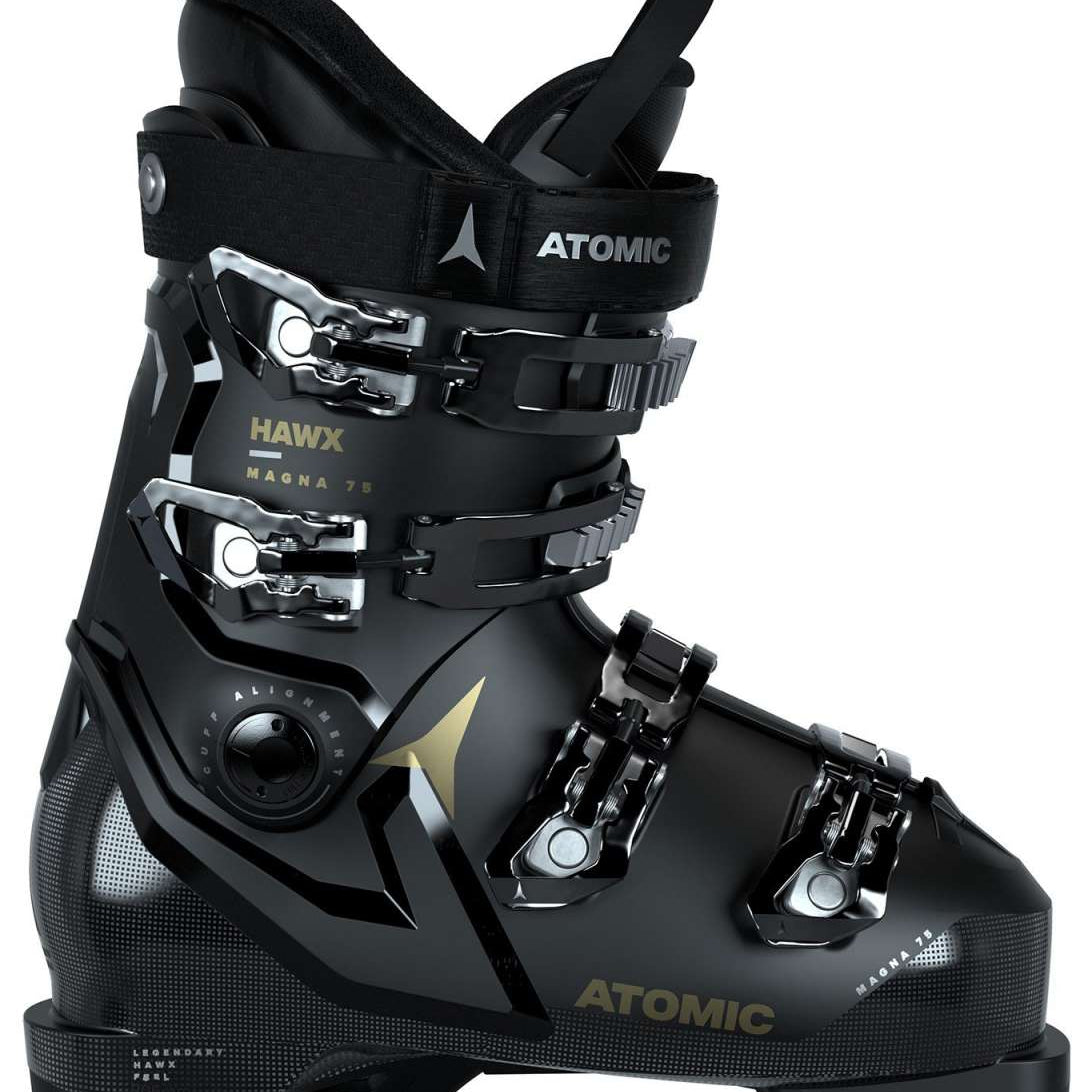 Atomic Women's Hawx Magna 75 Ski Boots 2024 - Black ski boots with silver buckles and straps, featuring a textured pattern on the toe area.