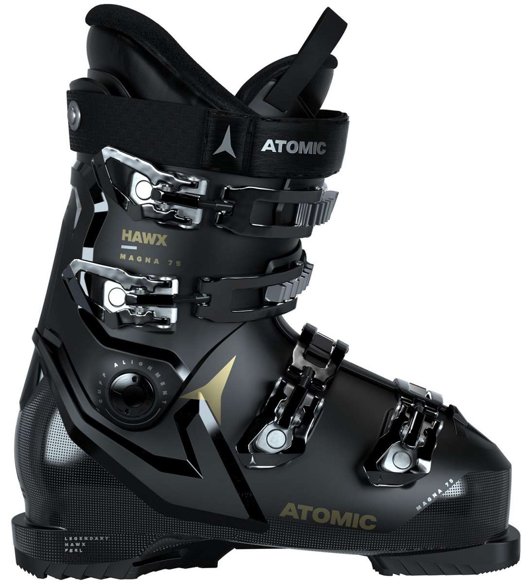 Atomic Women's Hawx Magna 75 Ski Boots 2024 - Black ski boots with silver buckles and straps, featuring a textured pattern on the toe area.