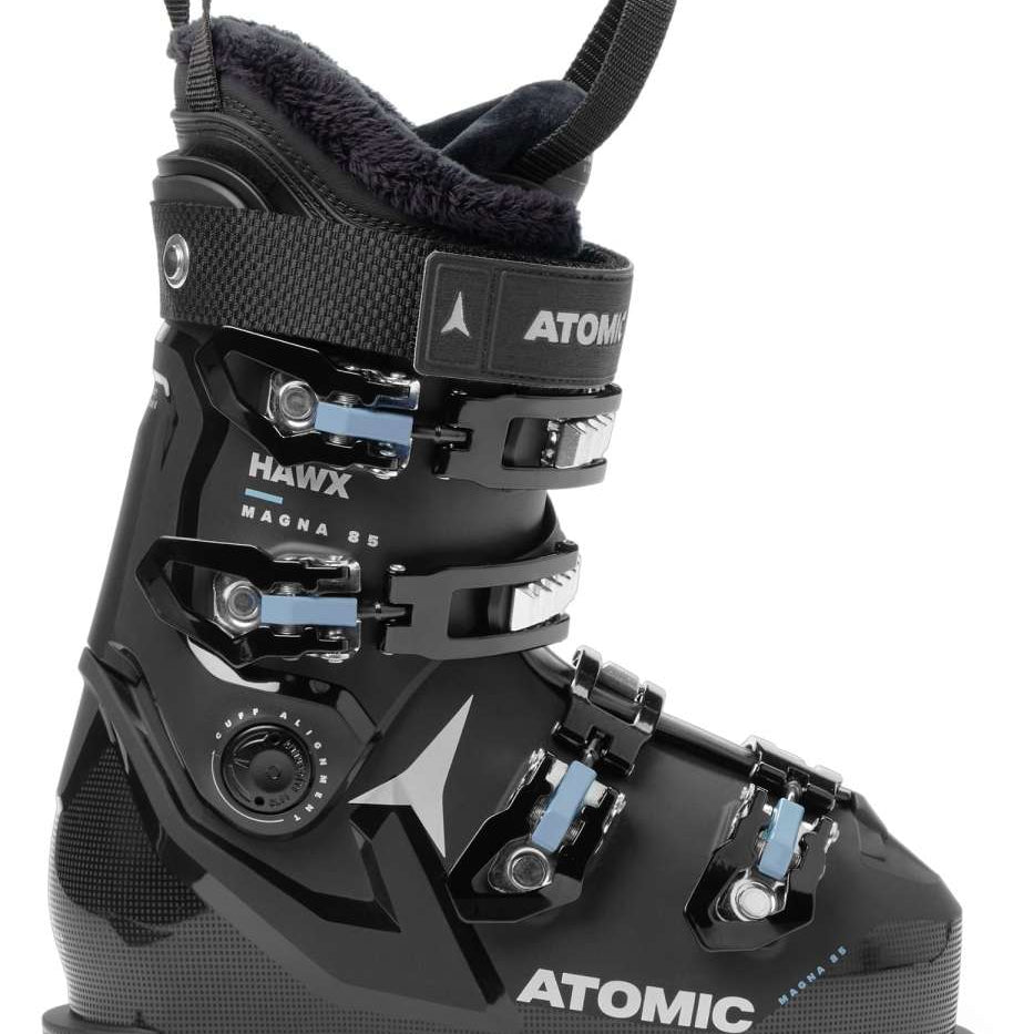 Atomic Women's Hawx Magna 85 Ski Boot 2023 - Black ski boot with white lettering and a blue stripe on the side.