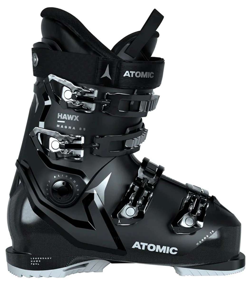 Atomic Women's Hawx Magna 85X Ski Boots 2024 - Black ski boots with a sleek, modern design and silver buckles.