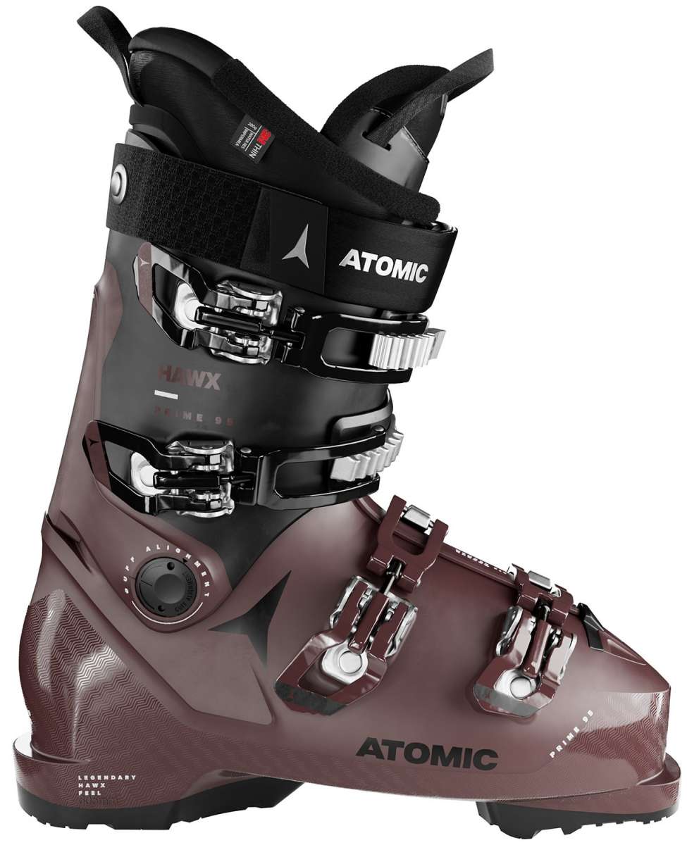 Atomic Women's Hawx Prime 95 Ski Boot 2024 - Black ski boot with silver buckles and straps, featuring a textured pattern on the side.