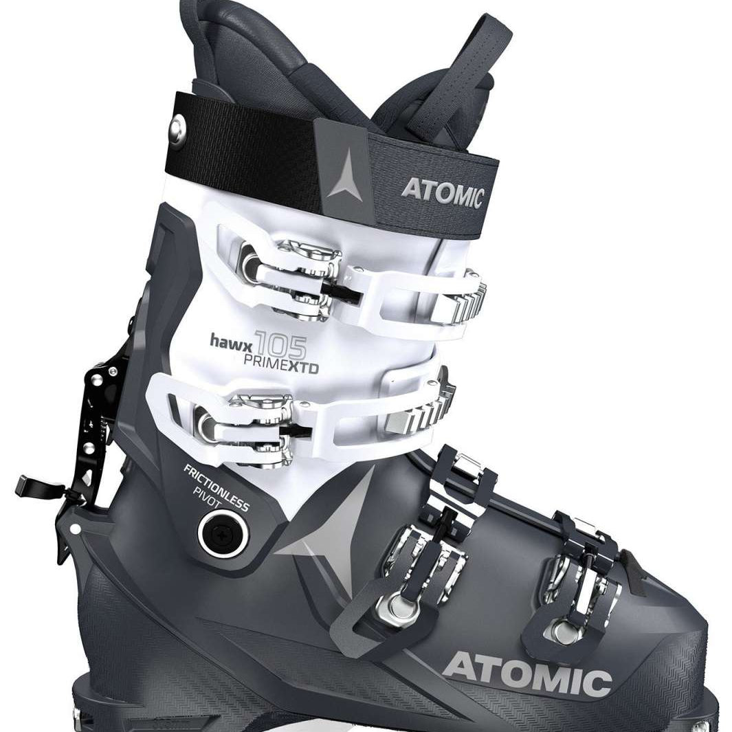 Atomic Women's Hawx Prime XTD 105 CTY GW Alpine Touring Ski Boot 2023 - A white and black ski boot with a distinctive silver buckle on the side.