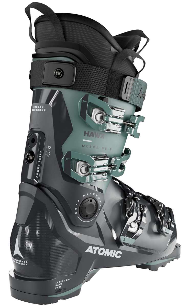 Atomic Women's Hawx Ultra 95 S Ski Boots 2023-2024 - A black ski boot with silver buckles and straps, featuring a sleek design.