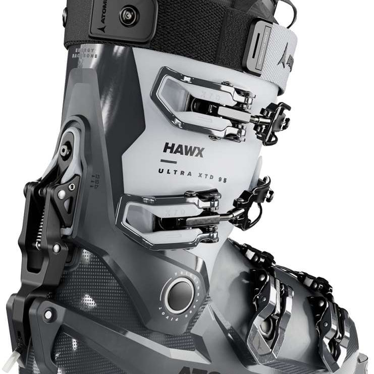 Atomic Women's Hawx Ultra XTD 95 Ski Boots 2024 - A tall, white ski boot with black accents and a black strap at the top.