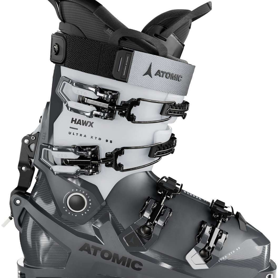 Atomic Women's Hawx Ultra XTD 95 Ski Boots 2024 - A white and black ski boot with a textured pattern on the side, featuring silver buckles and straps.