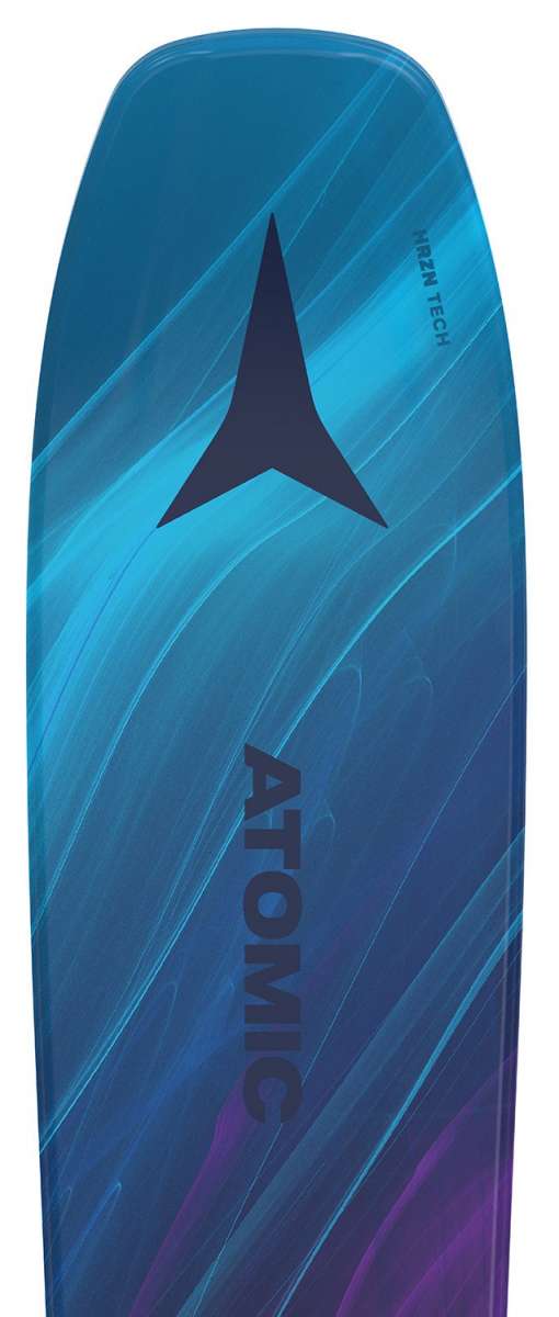 Atomic Women's Maven 86 C Flat Ski 2024 - A blue ski with a black Atomic logo on top and "Maven" written in white letters along the side.