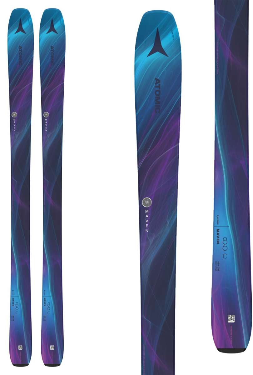Atomic Women's Maven 86 C Flat Ski 2024 - A blue and purple ski with a black Atomic logo at the top of the tip.