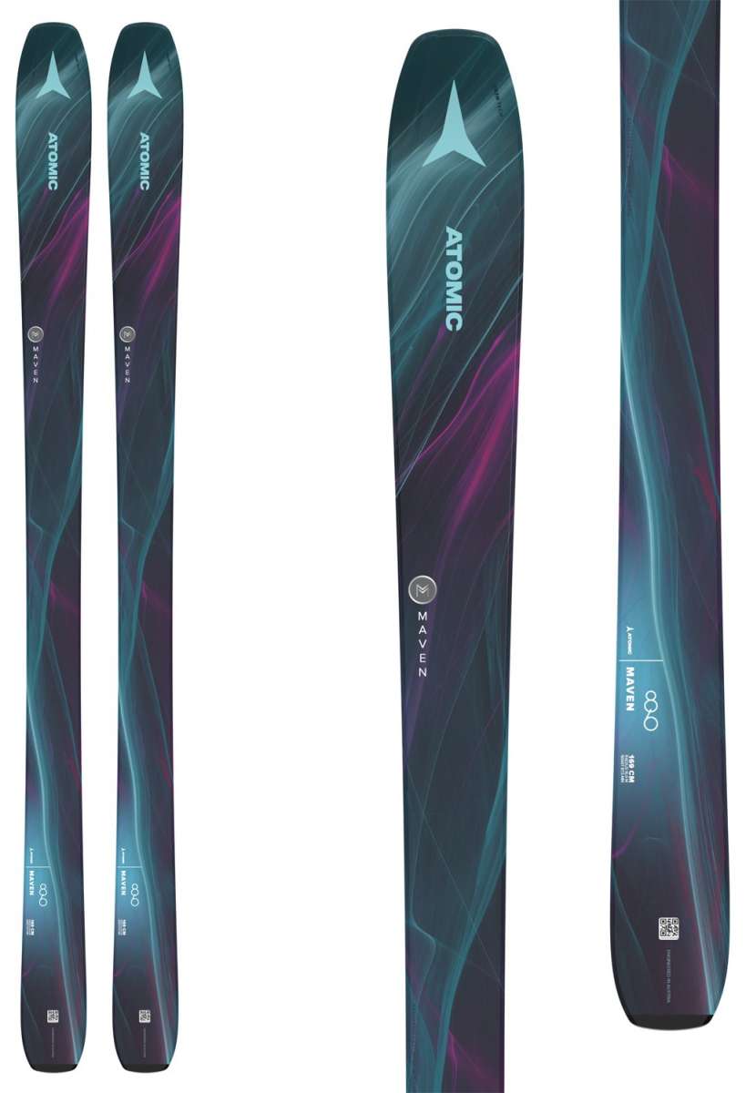 Atomic Women's Maven 86 Flat Ski 2024 - A dark purple ski with a white logo and "Maven" written in white letters on the top of the ski.