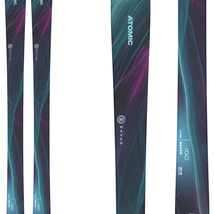 Atomic Women's Maven 86 Flat Ski 2024 - A dark purple ski with a white logo and "Maven" written in white letters on the top of the ski.
