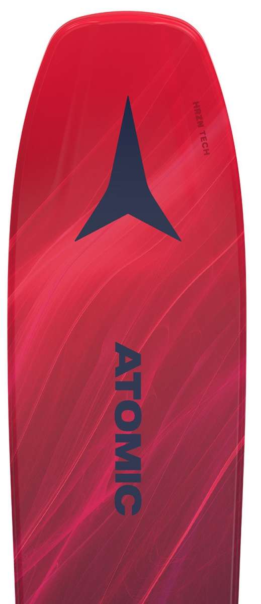 Atomic Women's Maven 93 C Flat 2024 - A red snowboard with a dark blue logo featuring an upside-down "A" shape, and diagonal white stripes on top of the red base color.