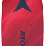 Atomic Women's Maven 93 C Flat 2024 - A red snowboard with a dark blue logo featuring an upside-down "A" shape, and diagonal white stripes on top of the red base color.