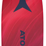 Atomic Women's Maven 93 C Flat 2024 - A red snowboard with a dark blue logo featuring an upside-down "A" shape, and diagonal white stripes on top of the red base color.