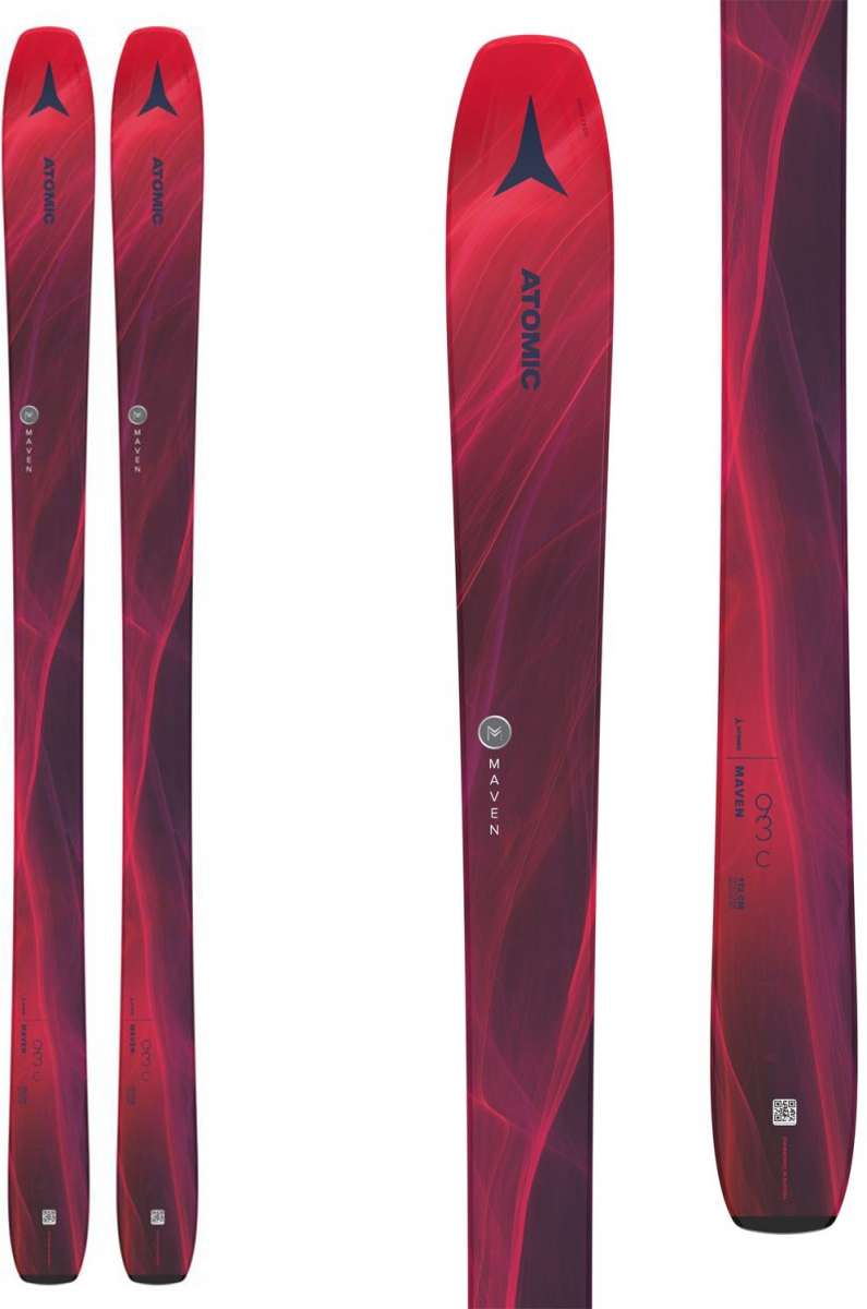 Atomic Women's Maven 93 C Flat 2024 - A red and purple women's ski with a black Atomic logo at the top of the graphic on the tip.