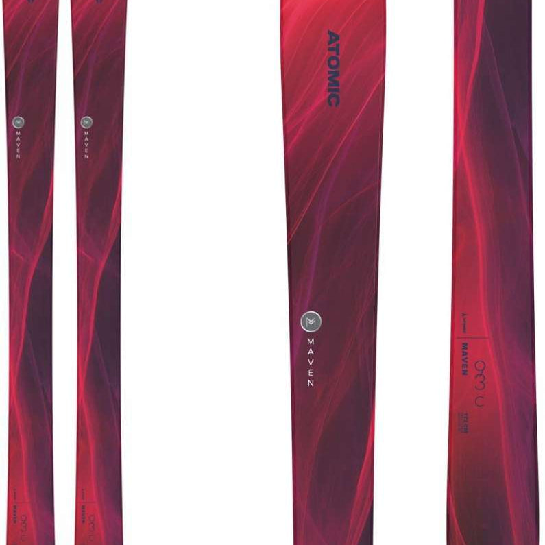 Atomic Women's Maven 93 C Flat 2024 - A red and purple women's ski with a black Atomic logo at the top of the graphic on the tip.