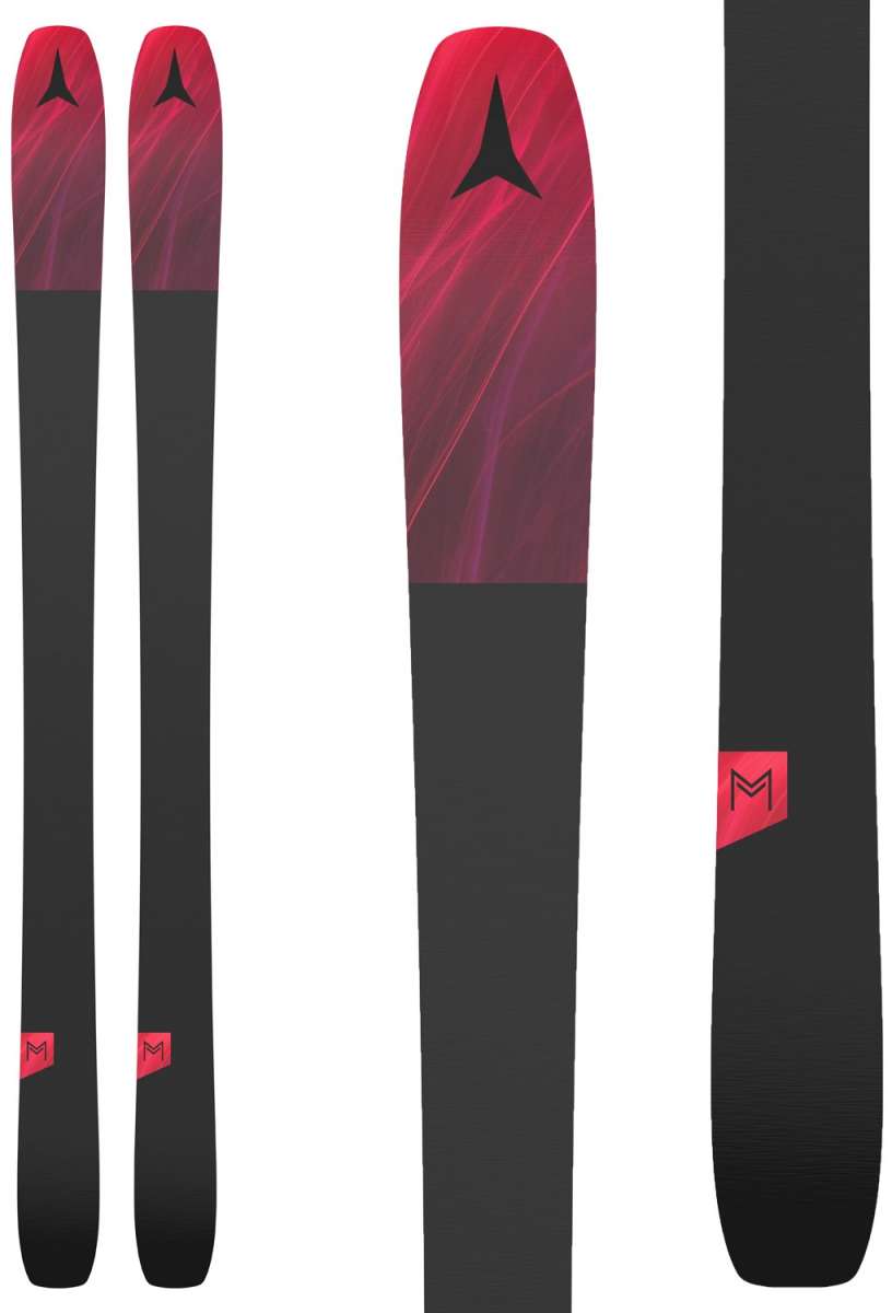 Atomic Women's Maven 93 C Flat 2024 - A black ski with a red and purple marbled pattern on top, featuring a black Atomic logo at the tip.