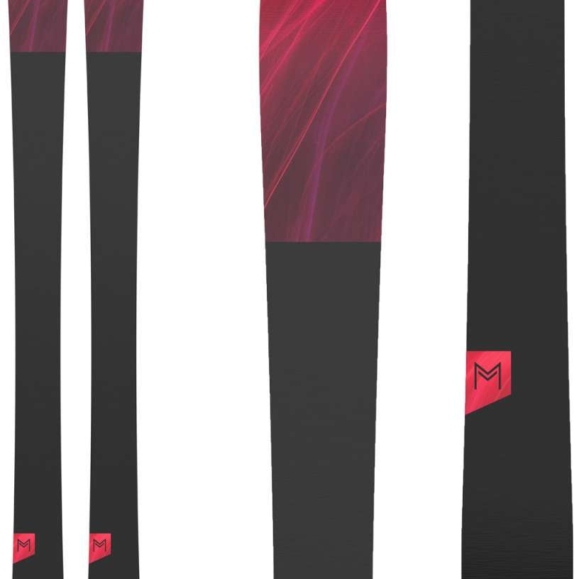 Atomic Women's Maven 93 C Flat 2024 - A black ski with a red and purple marbled pattern on top, featuring a black Atomic logo at the tip.