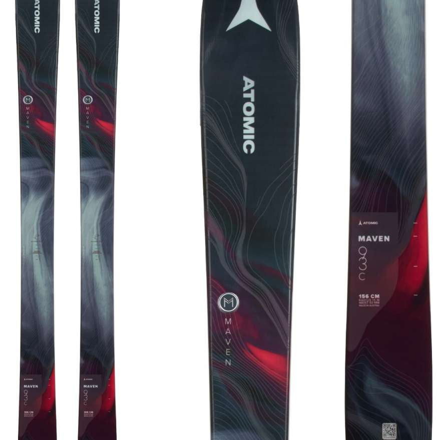 Atomic Women's Maven 93 C Skis 2023 - Black skis with red and white accents, featuring a wavy pattern on top and bottom.