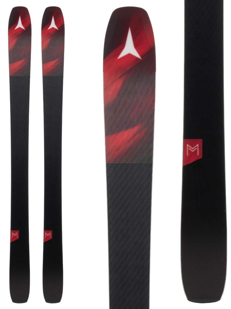 Atomic Women's Maven 93 C Skis 2023 - A pair of skis with a black base and red accents on the top sheet, featuring a white Atomic logo at the tip.