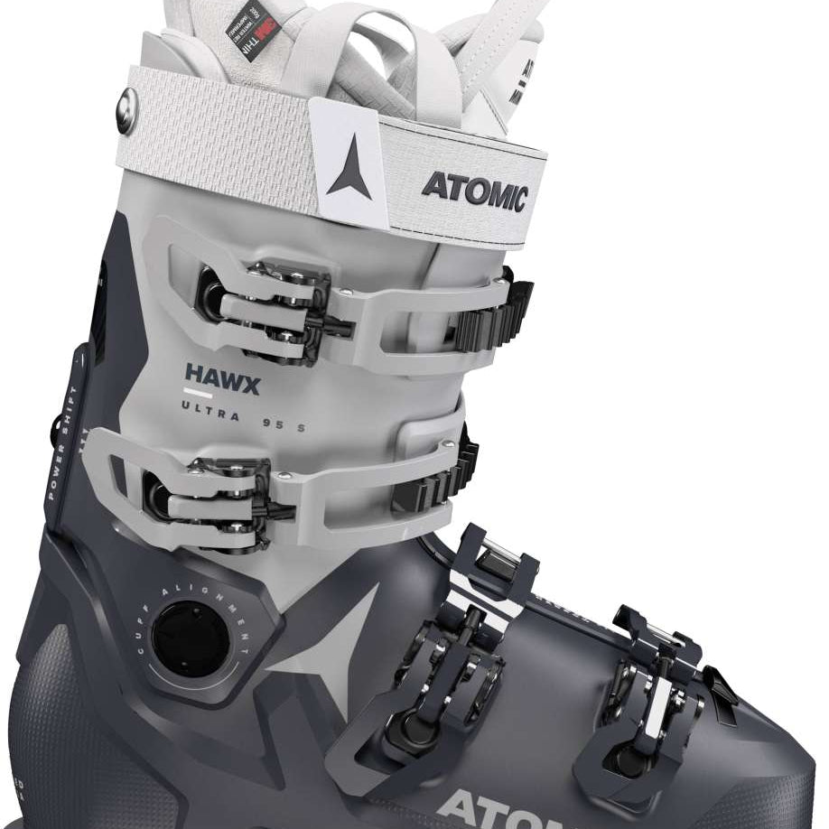 Atomic Women's Hawx Ultra 95 S Ski Boot 2023 - A white and gray ski boot with a strap at the top, featuring a star logo on the side.