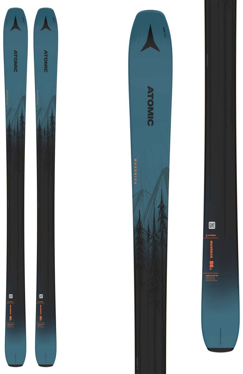 Atomic Maverick 86 C Ski 2024 - A blue ski with a black graphic of trees and mountains on it.