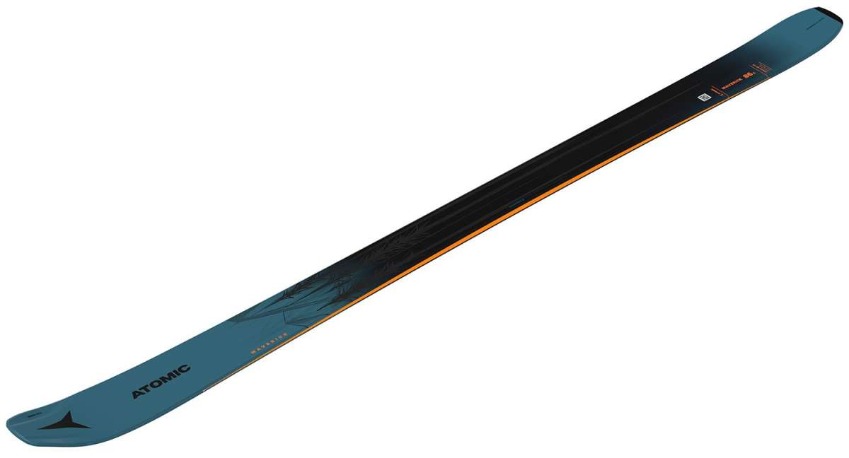 Atomic Maverick 86 C Ski 2024 - A blue ski with a black top and orange stripe down the middle.
