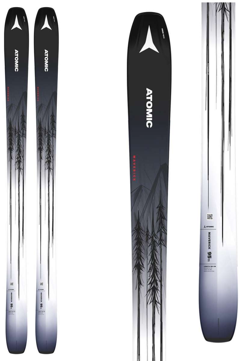 Atomic Maverick 95 Ti Skis 2024 - Black skis with white lettering and a triangular logo at the top, featuring a gradient design that transitions from dark to light gray towards the bottom.