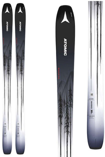 Atomic Maverick 95 Ti Skis 2024 - Black skis with white lettering and a triangular logo at the top, featuring a gradient design that transitions from dark to light gray towards the bottom.
