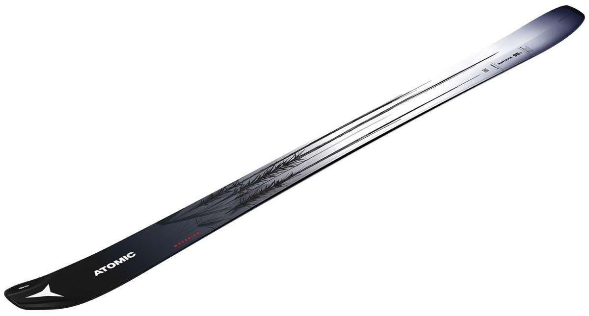 Atomic Maverick 95 Ti Skis 2024 - Black skis with a subtle white pattern on top and red accents near the tip.