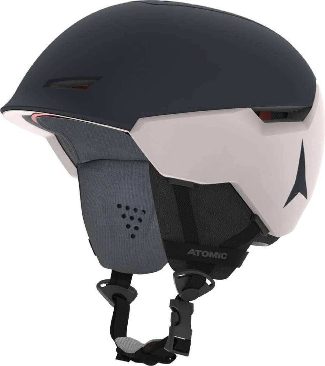 Atomic Ladies Revent + LF Helmet - A black helmet with a white stripe on top and a red logo on the side.