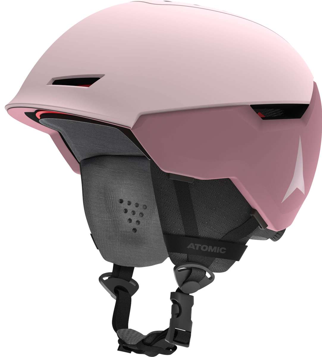 Atomic Ladies Revent + LF Helmet - A pink helmet with a white logo on the side, featuring a black chin strap and ventilation holes.