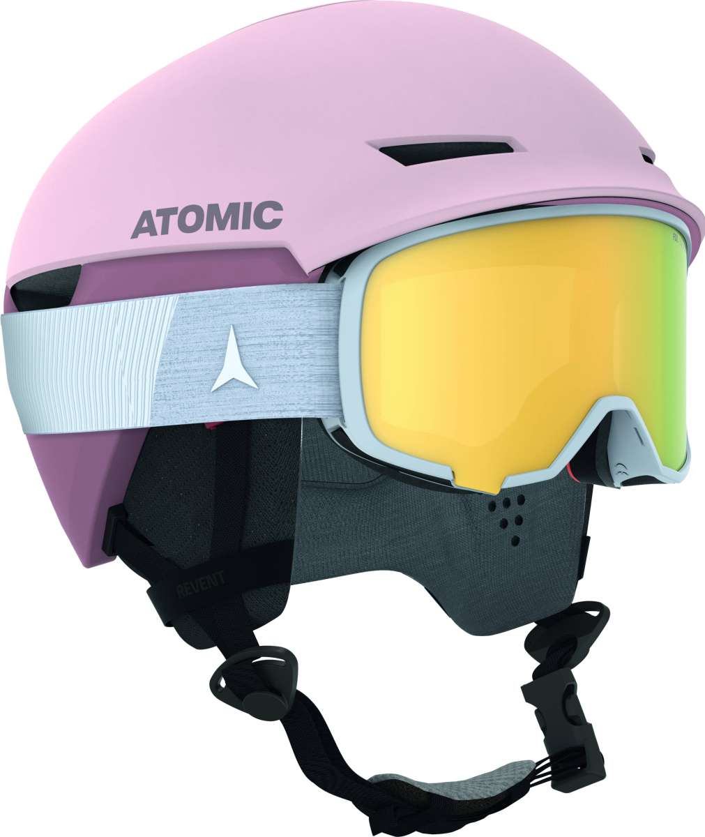 Atomic Ladies Revent + LF Helmet - A pink helmet with a white strap and a silver logo on the front.