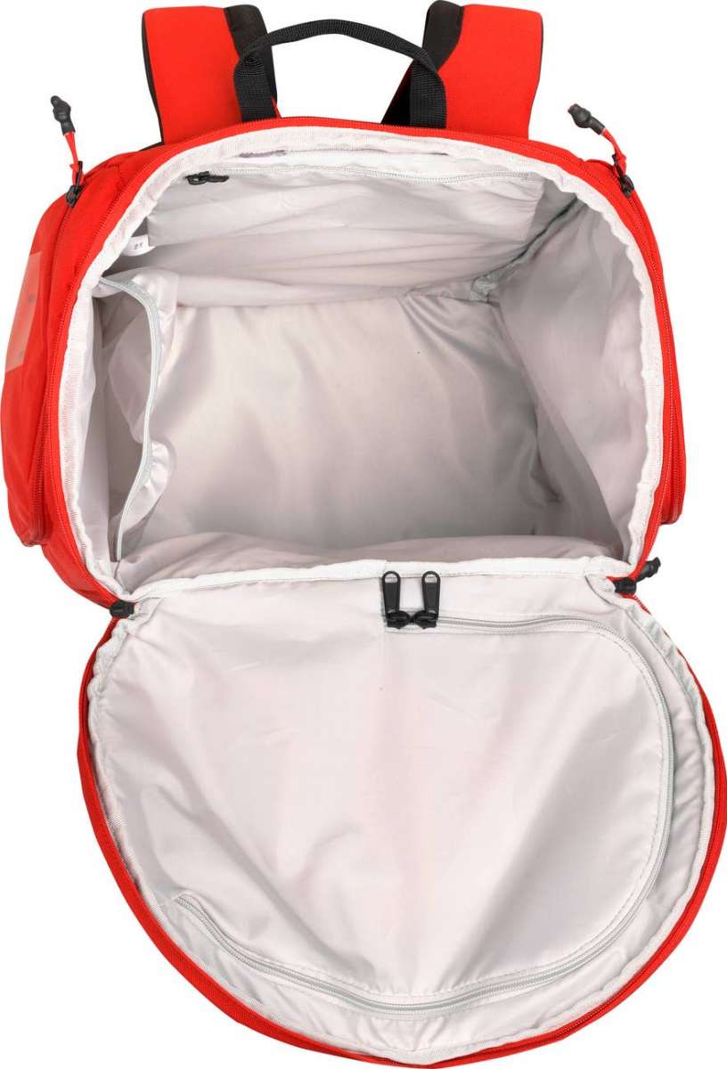 Atomic RS 30L Backpack - A red backpack with a zippered front pocket and two black shoulder straps.