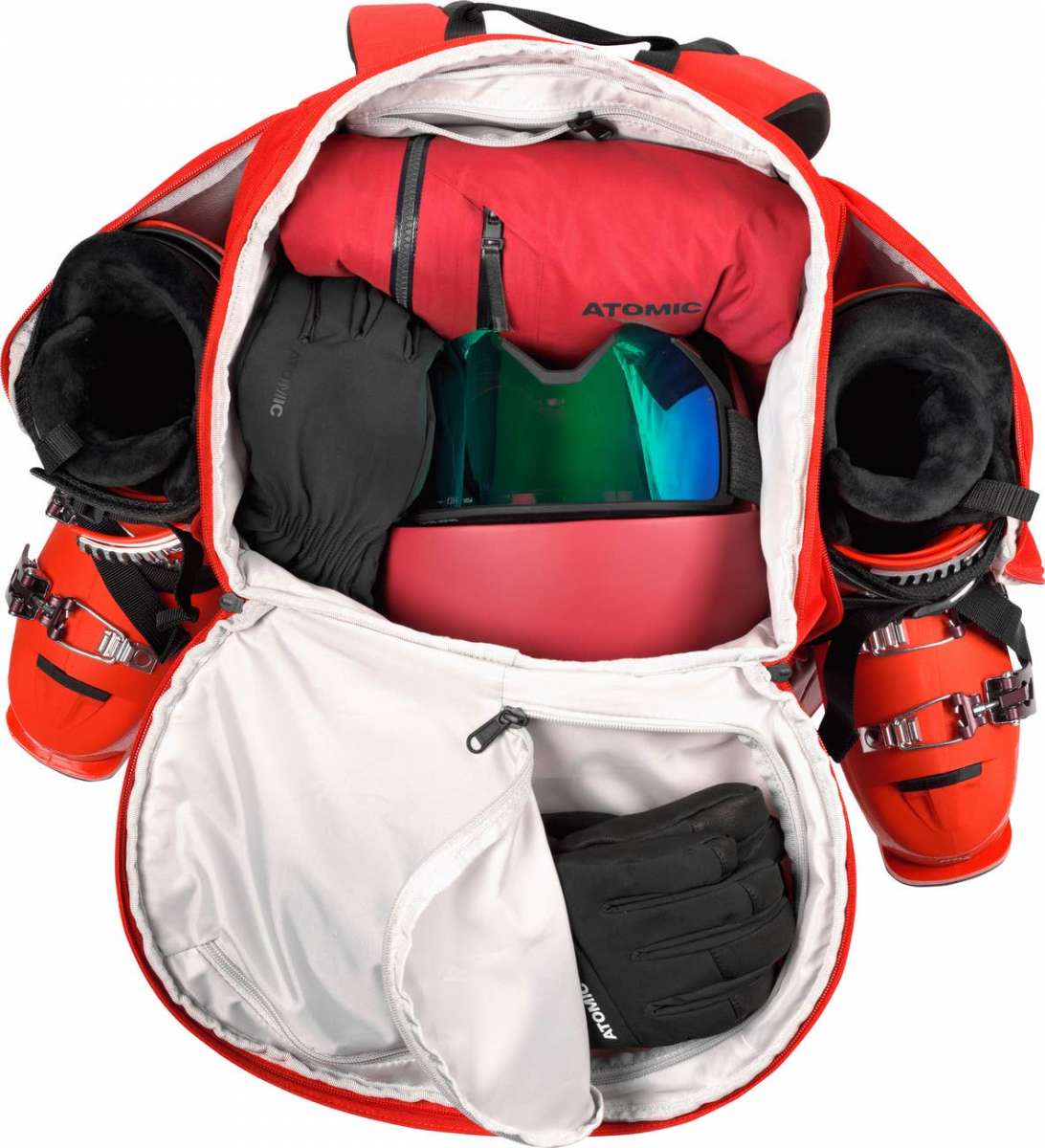 Atomic RS 30L Backpack - A red backpack with a zippered front pocket and two side pockets, featuring black straps and buckles.